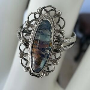 Vintage Taxco Accent Ring Size 7.75 Foil Opal Glass Cab Flower 925 Sterling 3.1g